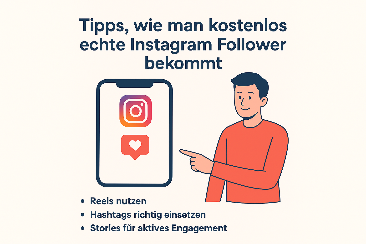 Illustration eines Mannes mit Smartphone und Instagram-Logo – Tipps für kostenlose echte Follower