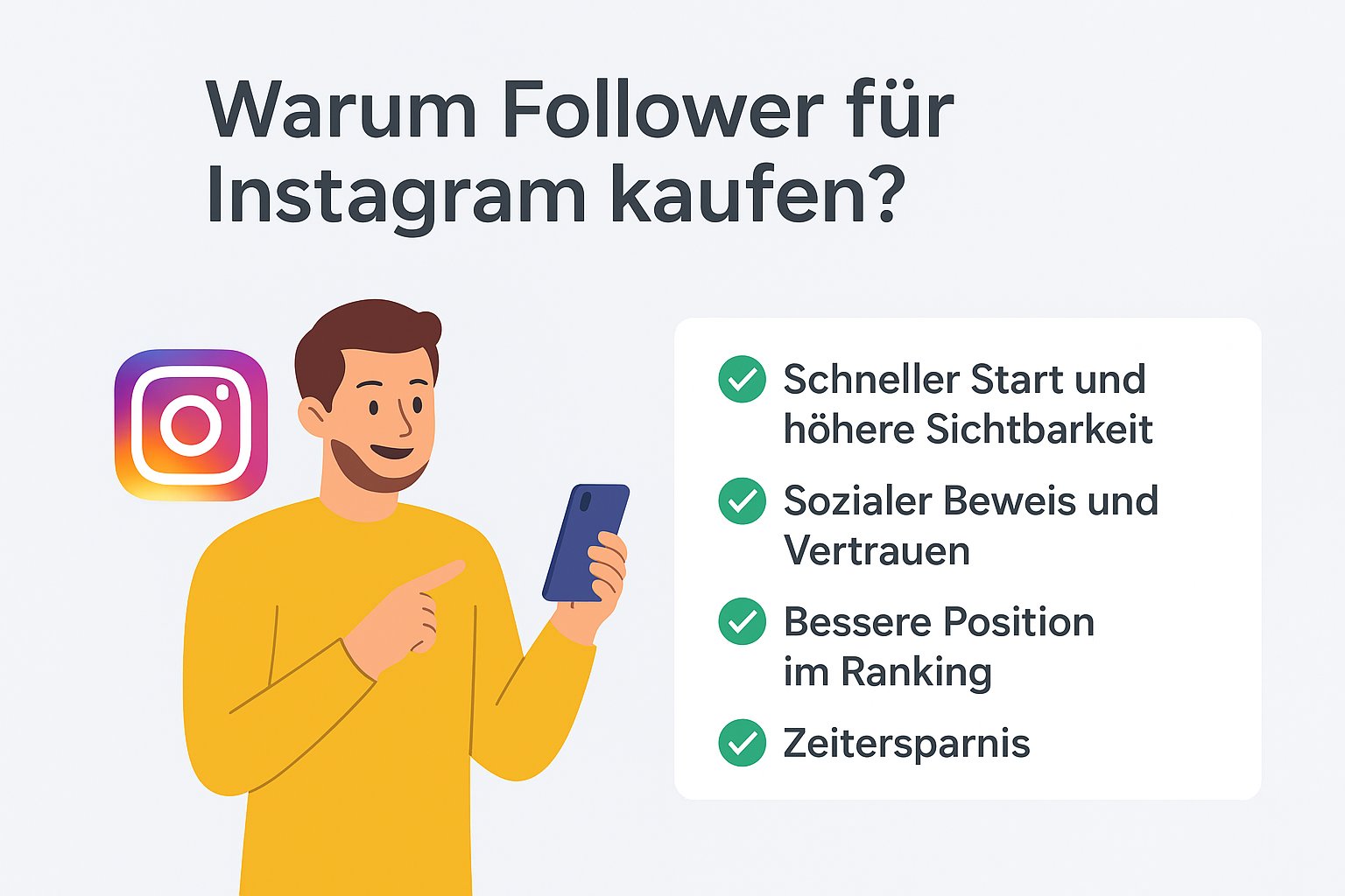 Illustration eines Mannes mit Smartphone und Instagram-Logo – Gründe, warum man Follower kaufen sollte