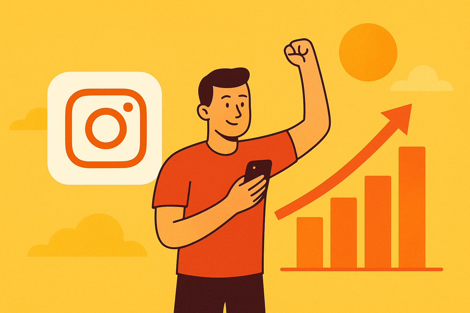 Illustration einer Person mit Smartphone und wachsendem Diagramm – Symbol für günstiges Instagram-Wachstum