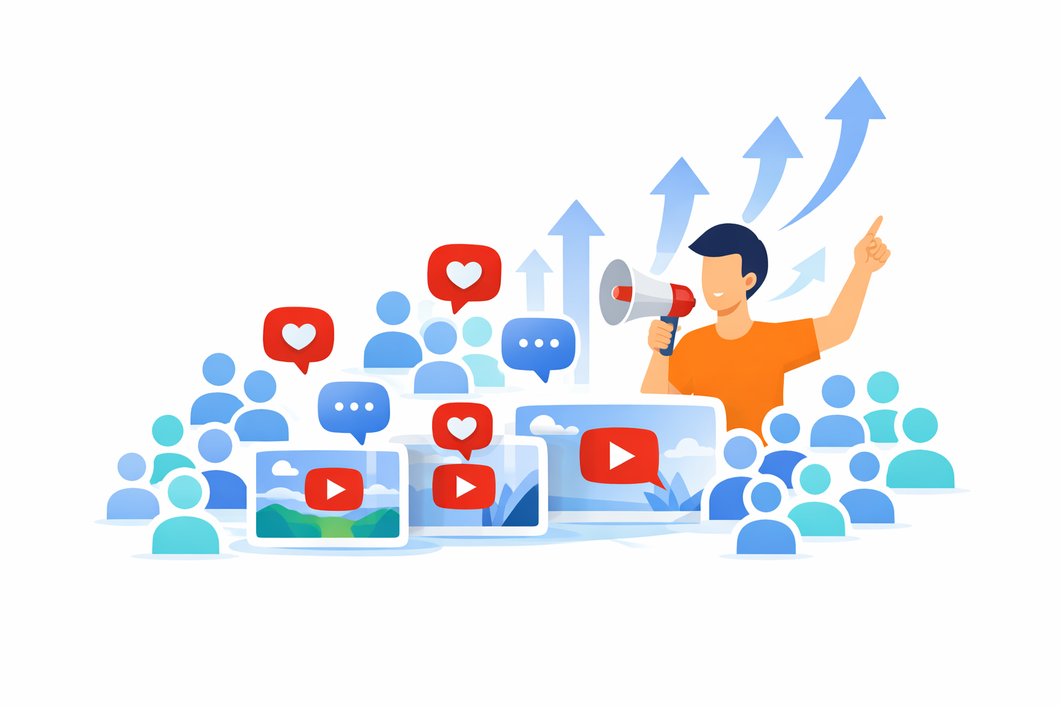 YouTube Community Wachstum und steigende Abonnenten Illustration eines YouTube Kanals mit wachsender Community, Interaktionen und neuen Abonnenten