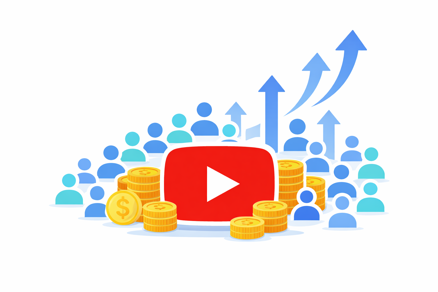 YouTube Monetarisierung und Einnahmen durch wachsende Community Illustration eines YouTube Kanals mit Monetarisierung, Einnahmen und wachsender Community