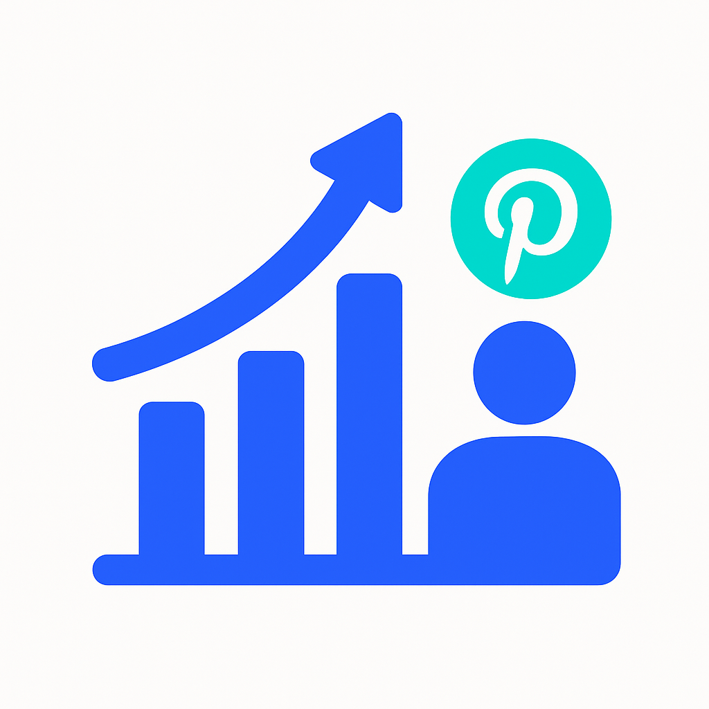 Grafik mit Pinterest-Symbol und wachsendem Balkendiagramm in Blau und Türkis, die das Wachstum von Unternehmen und Reichweite durch Pinterest Follower kaufen zeigt.