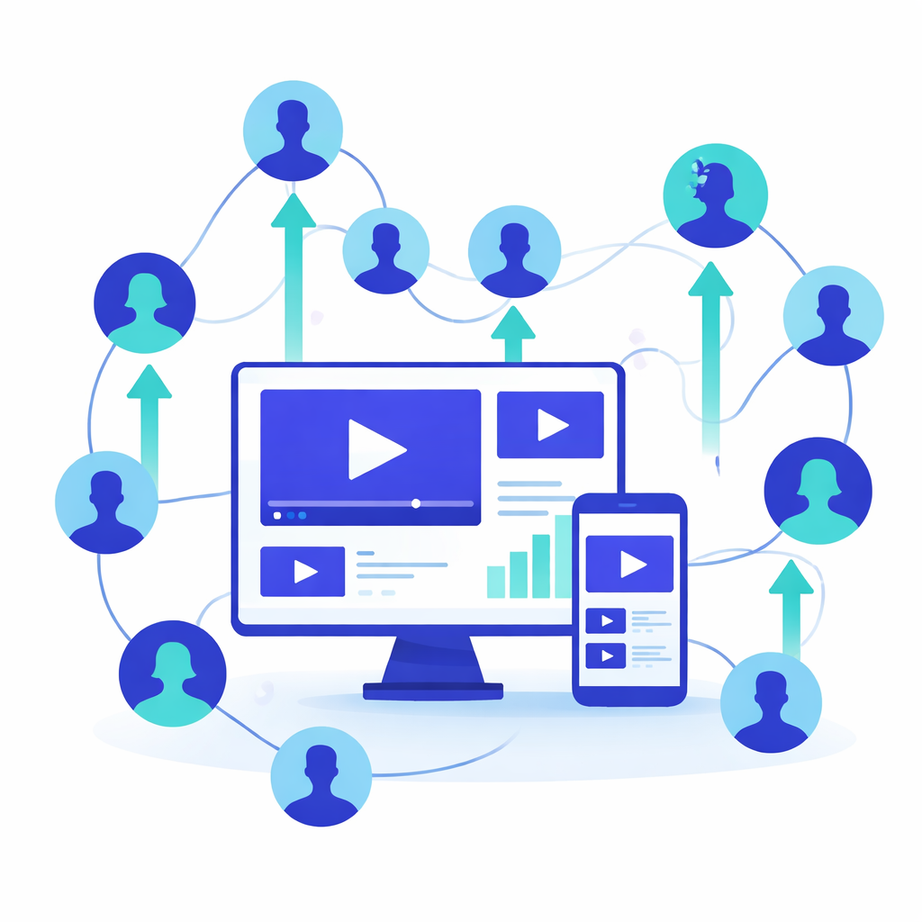 Illustration des YouTube Algorithmus mit Videoempfehlungen und steigenden Videoaufrufen