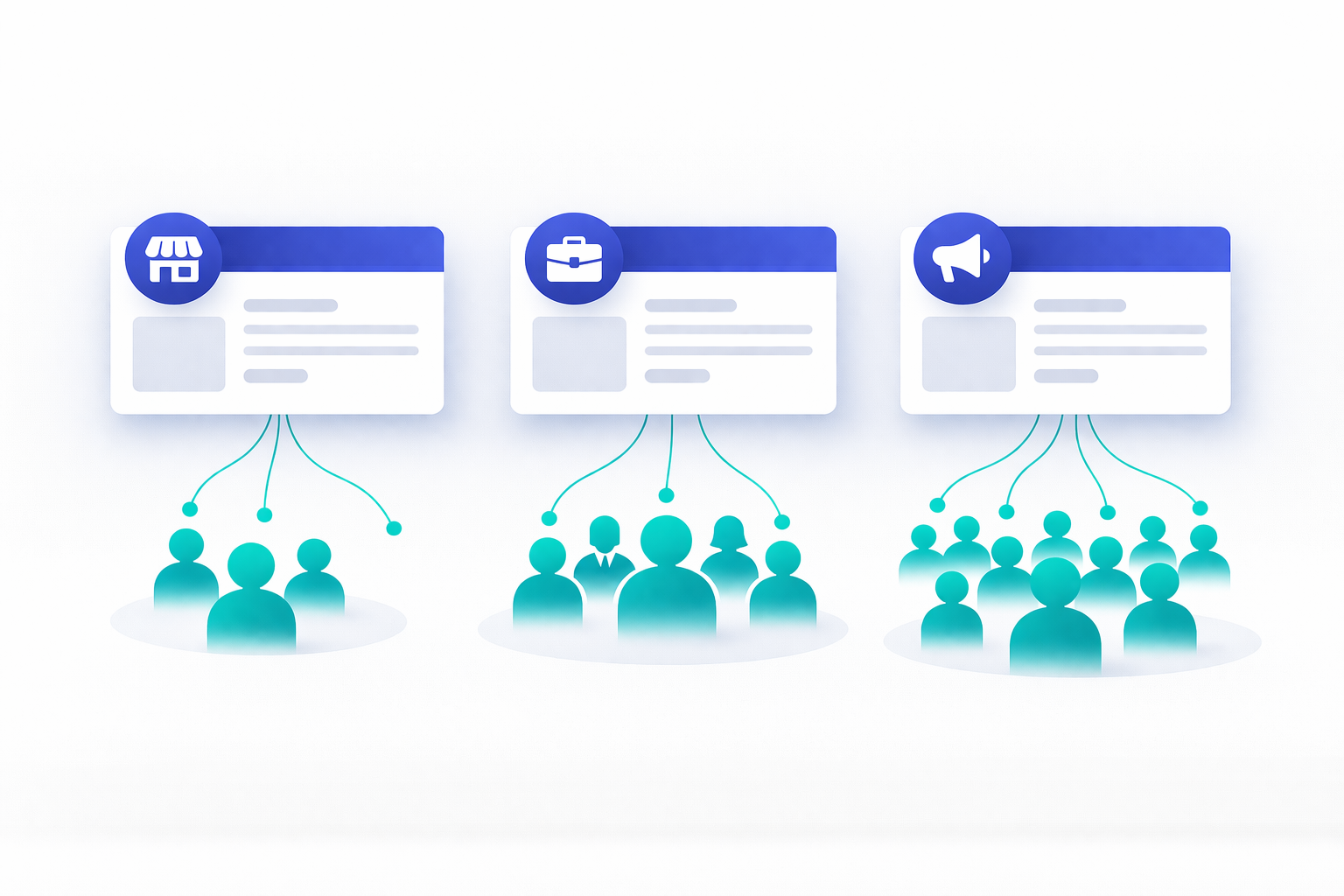 Facebook Fanpage Likes für verschiedene Seitentypen und Zielgruppen Abstrahierte Darstellung verschiedener Facebook Seiten und Zielgruppen, die durch Likes verbunden sind