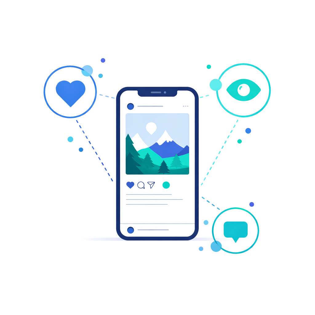 Zusammenspiel von Instagram Interaktionen Abstrakte Darstellung verschiedener Instagram Interaktionen wie Likes Kommentare und Views im Zusammenspiel