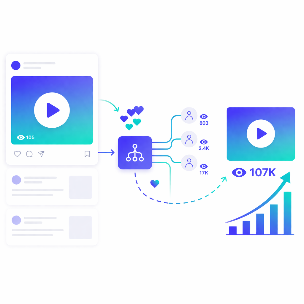 Instagram Reels Reichweite durch algorithmische Verbreitung Darstellung des Instagram Reels Algorithmus mit wachsender Reichweite und Videoaufrufen