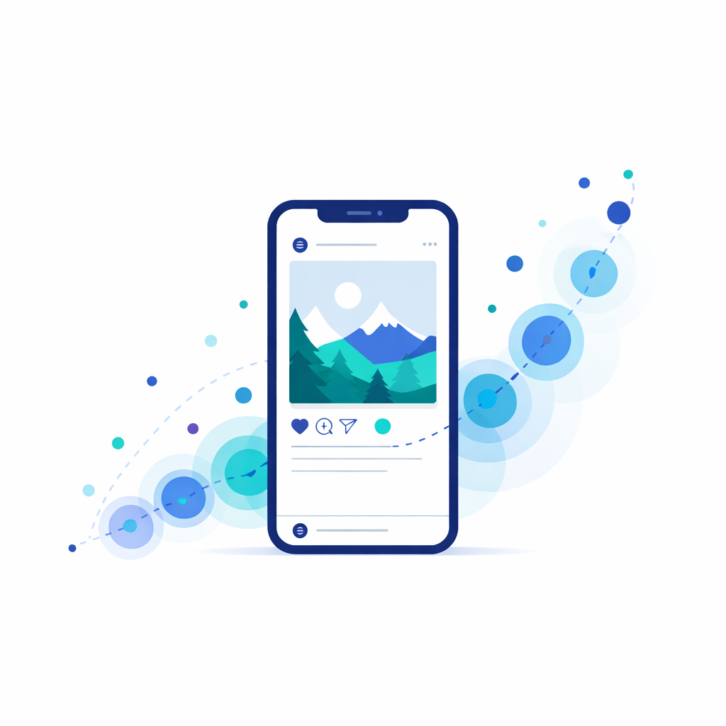 Minimalistische Darstellung eines Instagram Beitrags mit steigender Sichtbarkeit durch frühe Interaktionen und Reichweite