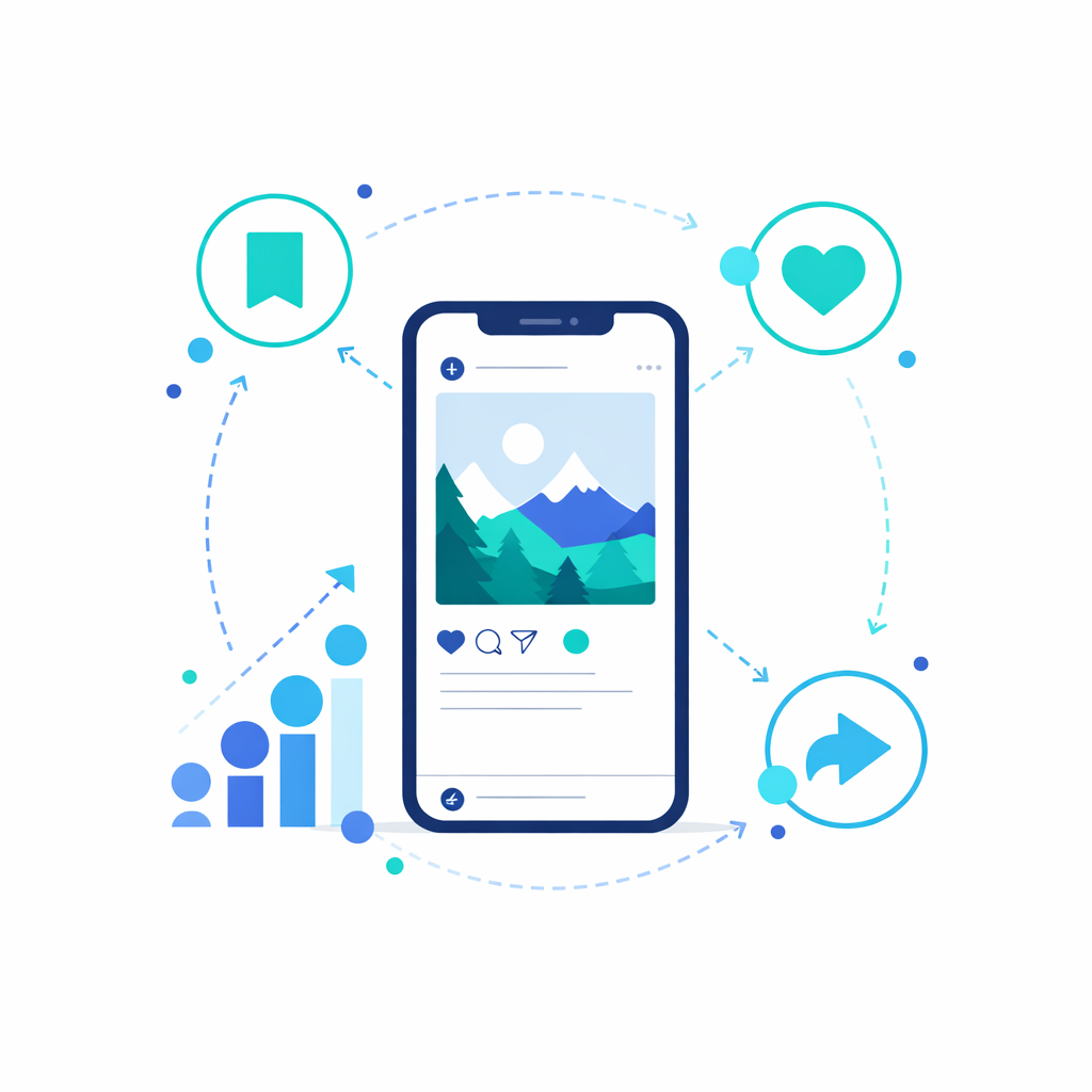 Instagram Wachstum durch verschiedene Engagement Signale Abstrakte Darstellung verschiedener Instagram Wachstumssignale wie Interaktionen Reichweite und Engagement