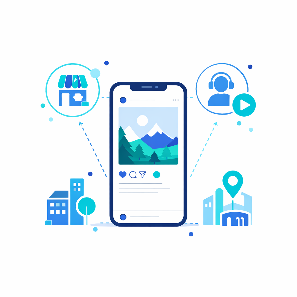 Instagram Zielgruppen und Account-Typen Abstrakte Darstellung verschiedener Instagram Accounts und Zielgruppen wie Unternehmen Creator und lokale Marken