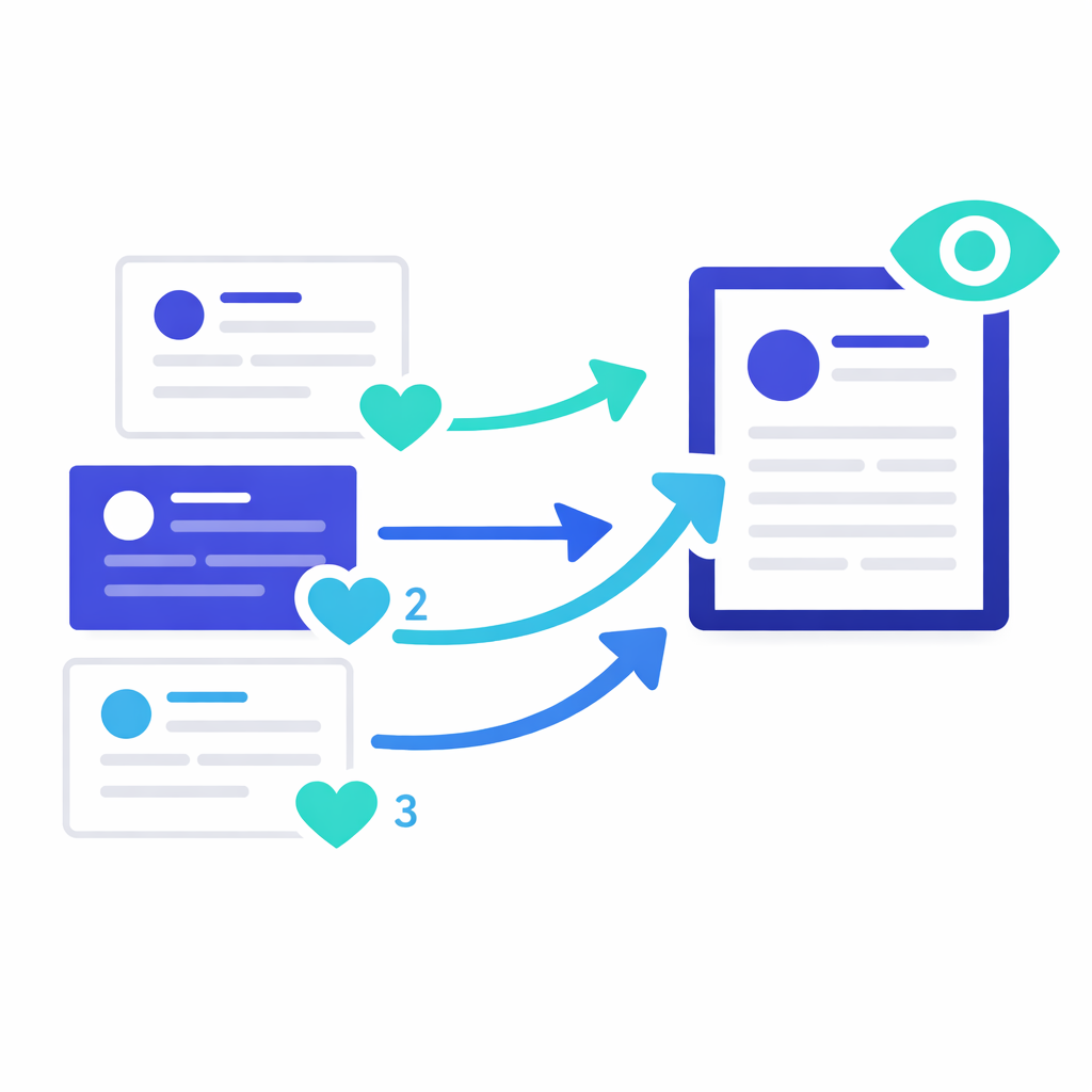 X Algorithmus und Interaktion durch Likes Darstellung des X Algorithmus mit Interaktionssignalen wie Likes und Sichtbarkeit