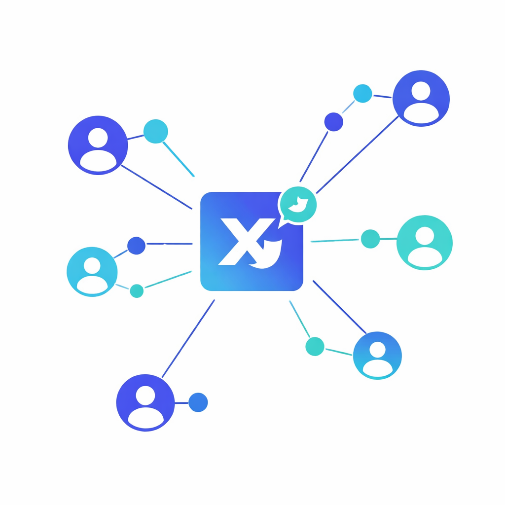 Reichweite durch X Retweets und Verbreitung von Beiträgen Illustration zur Verbreitung von X Beiträgen durch Retweets und Erweiterung der Reichweite über verschiedene Nutzer hinweg