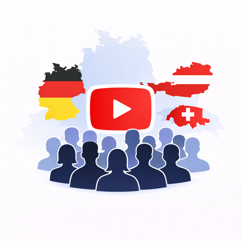 Deutschsprachige Community auf einem YouTube Kanal im DACH-Raum Illustration einer deutschsprachigen YouTube Community mit Zuschauern aus Deutschland, Österreich und der Schweiz
