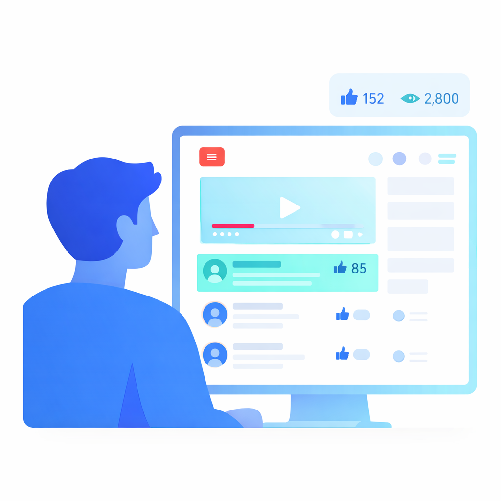 Creator verwaltet Interaktionen unter einem YouTube Video Illustration eines Creators, der Kommentare und Likes unter einem YouTube Video überwacht