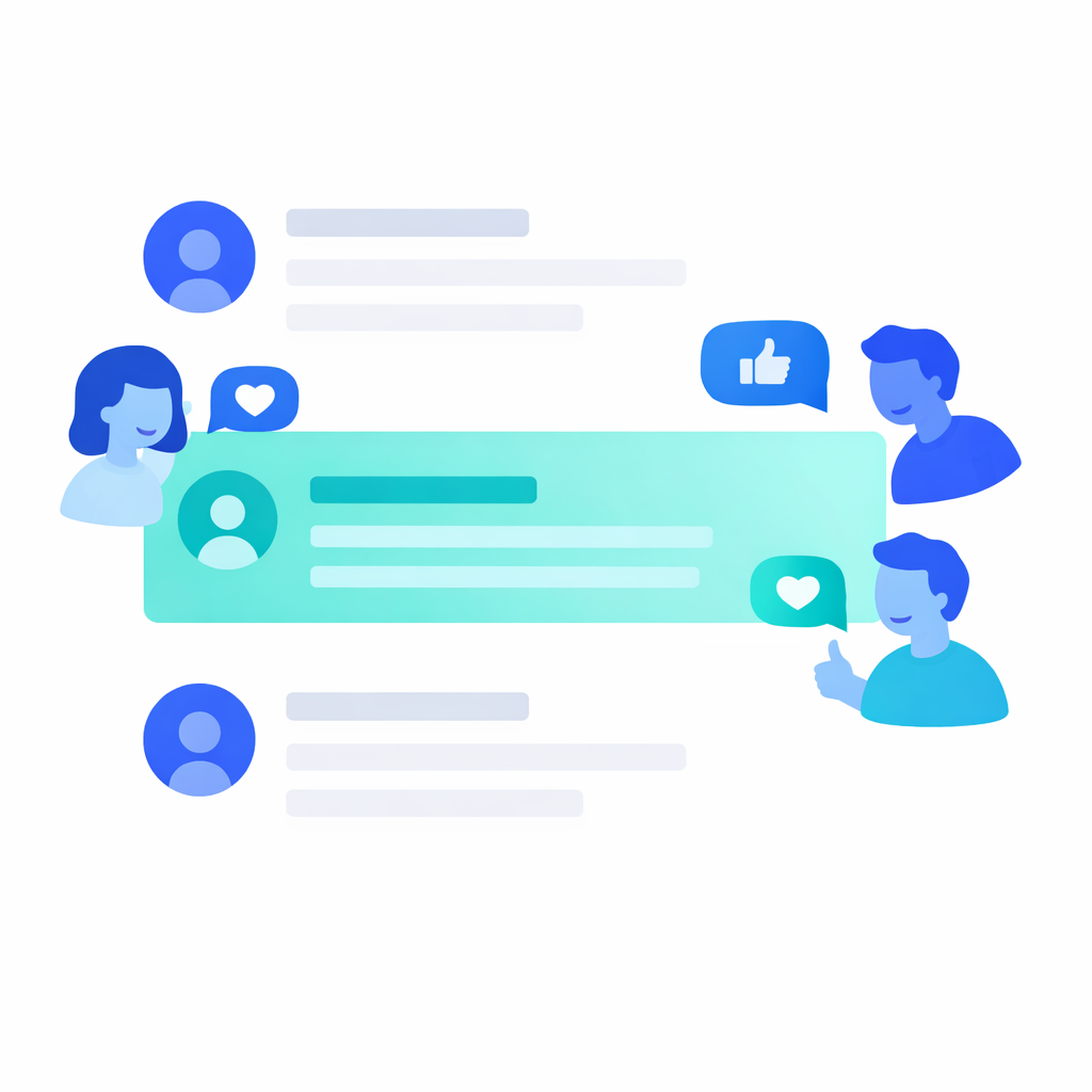 Community Interaktion unter YouTube Kommentaren Illustration von Nutzern, die auf einen hervorgehobenen Kommentar im YouTube Kommentarbereich reagieren