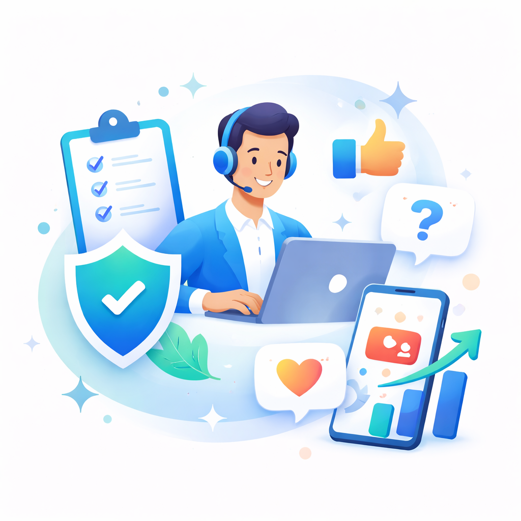 Transparenter Service für YouTube Kanal Wachstum und Community Aufbau Illustration eines professionellen Social Media Service mit Support, transparenter Abwicklung und YouTube Kanal Wachstum