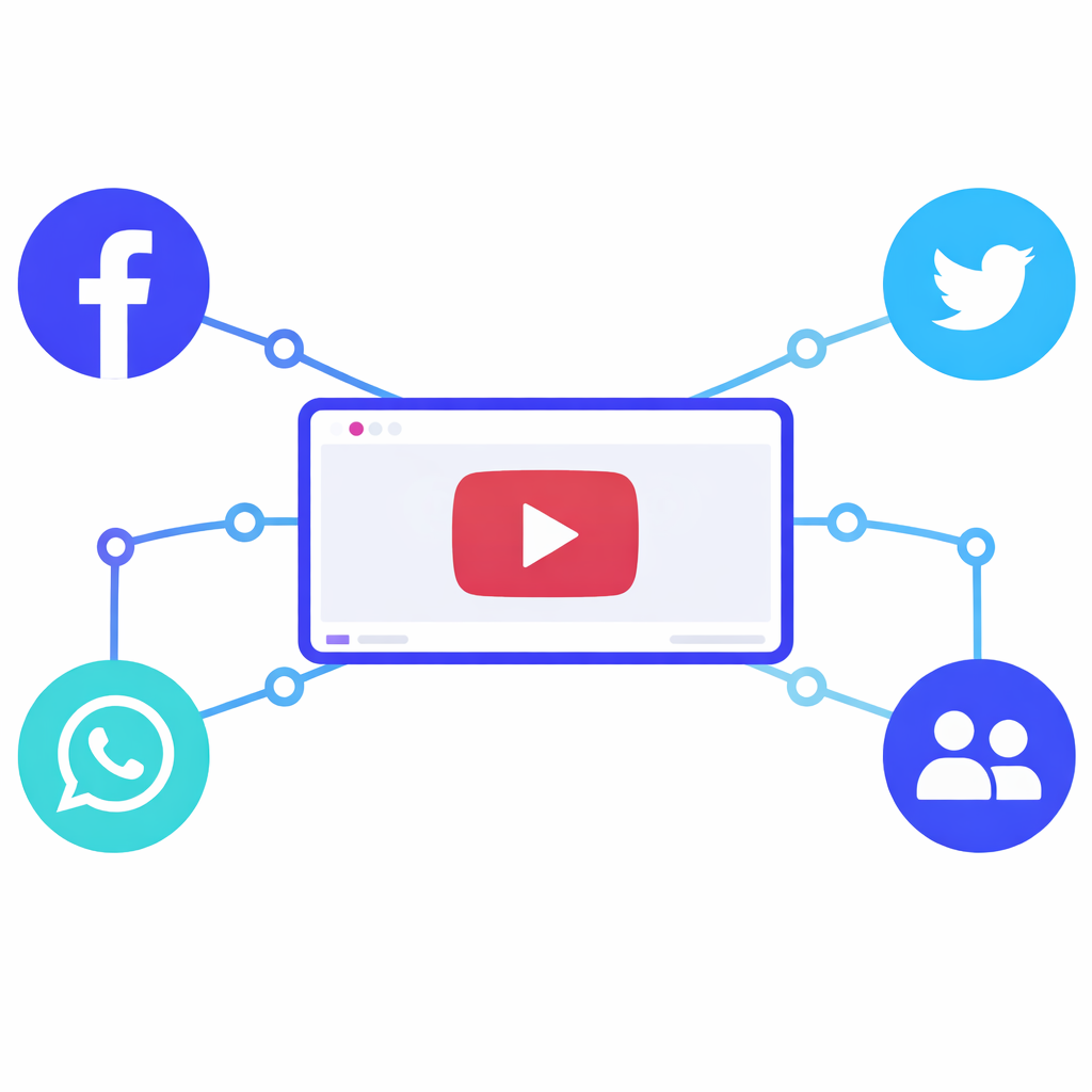 YouTube Video Shares und Weiterverbreitung von Inhalten Illustration zur Weiterverbreitung eines YouTube Videos über Social Shares und verschiedene Plattformen