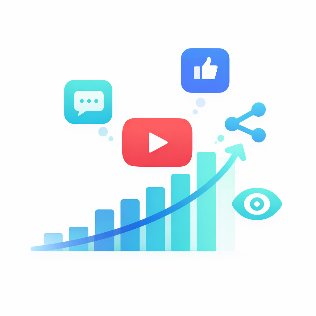 YouTube Wachstum durch Interaktionssignale Illustration eines YouTube Wachstumskonzepts mit Interaktionssignalen wie Kommentaren Likes Shares und Aufrufen