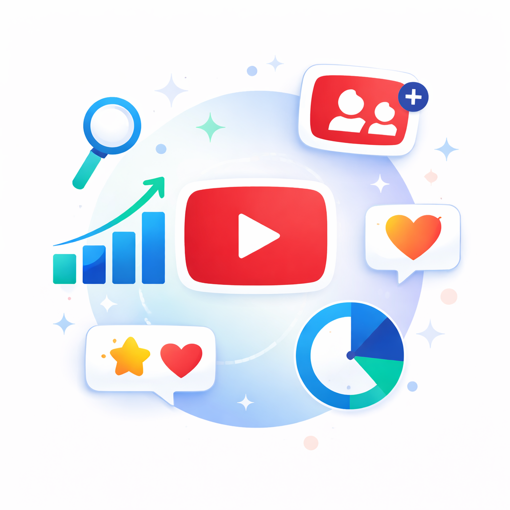 Wichtige Wachstumssignale für die Entwicklung eines YouTube Kanals Illustration wichtiger Wachstumssignale für einen YouTube Kanal wie Abonnenten, Videoaufrufe, Likes und Kommentare