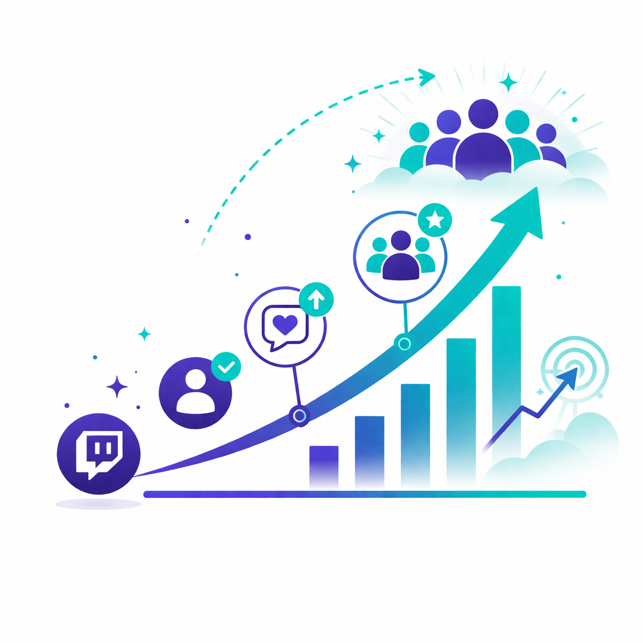 Twitch Strategie für nachhaltiges Wachstum Professionelle Illustration einer langfristigen Twitch Strategie mit Community Wachstum und Sichtbarkeit